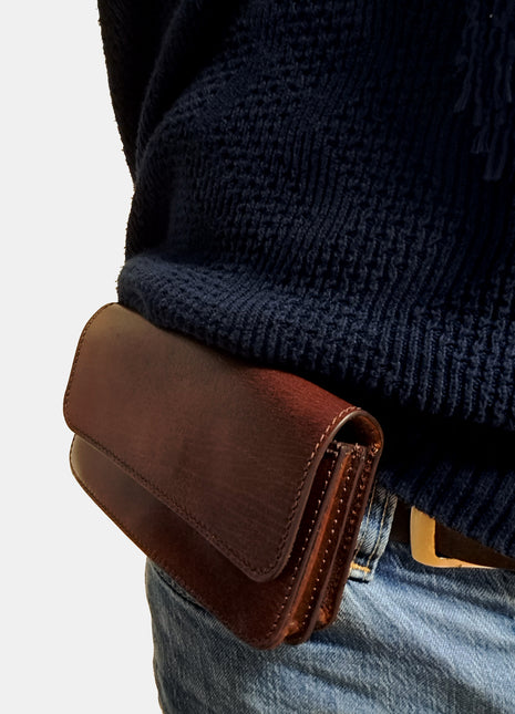 Telefoon tasje voor aan de riem dubbel vaks brandy (brown)