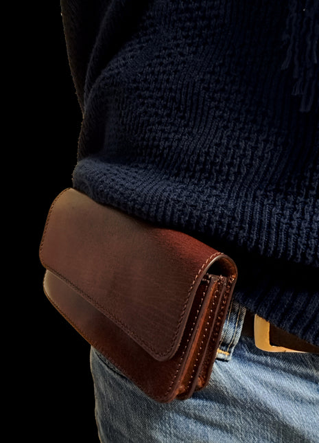 Telefoon tasje voor aan de riem dubbel vaks brandy (brown)