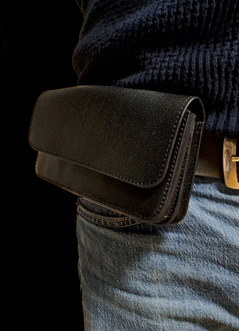 Telefoon tasje voor aan de riem leer dubbel vaks classic black
