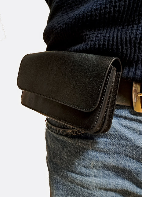 Telefoon tasje voor aan de riem leer dubbel vaks classic black
